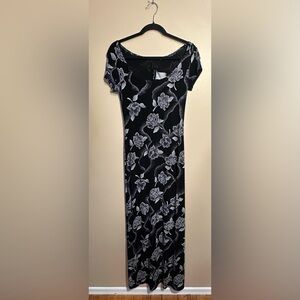 Vintage All That Jazz Black Floral Mesh Maxi Dress, Sheer Overlay, Bodycon Fit